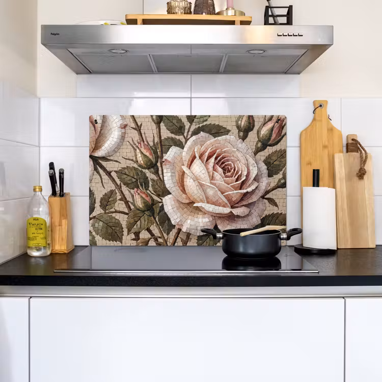 Roos - Mozaïek - Bloemen - Klassiek - Beige Inductie beschemer met haakjes klein -sfeer2