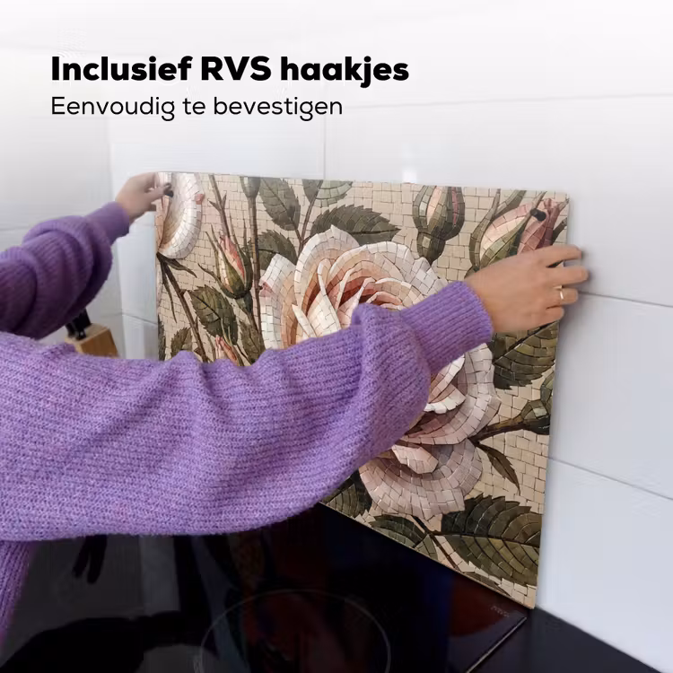 Roos - Mozaïek - Bloemen - Klassiek - Beige Inductie beschemer met haakjes klein -ky-ophangen-nl