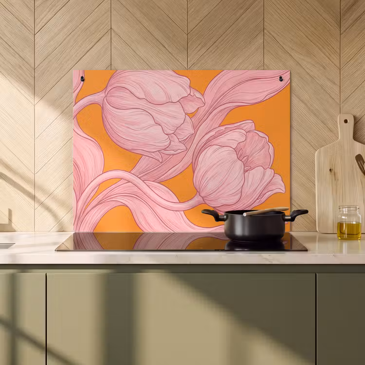 Inductiebeschermer & spatscherm (2in1) - Roze bloemen - Modern - Roze bloemen - Modern Inductie beschemer met haakjes klein
