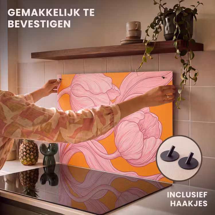 Inductiebeschermer & spatscherm (2in1) - Roze bloemen - Modern - Roze bloemen - Modern Inductie beschemer met haakjes klein