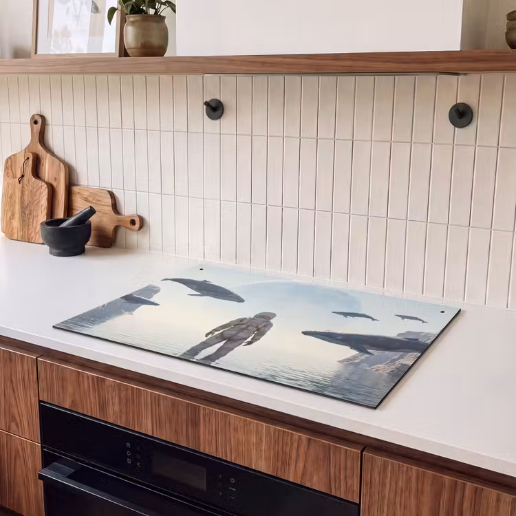 Inductiebeschermer & spatscherm (2in1) - Ruimtevaarder - Walvis - Fantasie - Ruimtevaarder - Walvis - Fantasie Inductie beschemer met haakjes klein