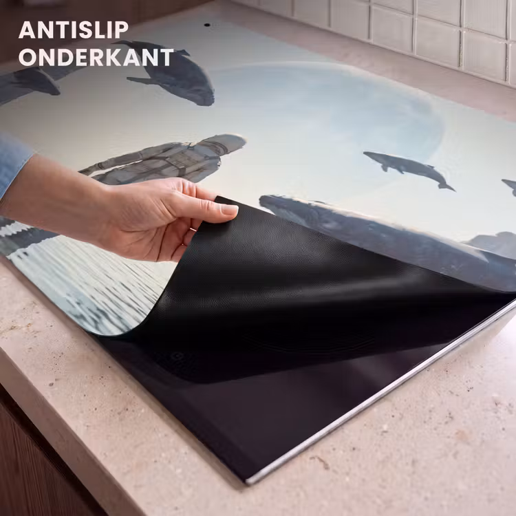 Inductiebeschermer & spatscherm (2in1) - Ruimtevaarder - Walvis - Fantasie - Ruimtevaarder - Walvis - Fantasie Inductie beschemer met haakjes klein