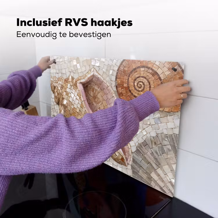 Schelp - Mozaïek - Zee - Beige - Modern Inductie beschemer met haakjes klein -ky-ophangen-nl