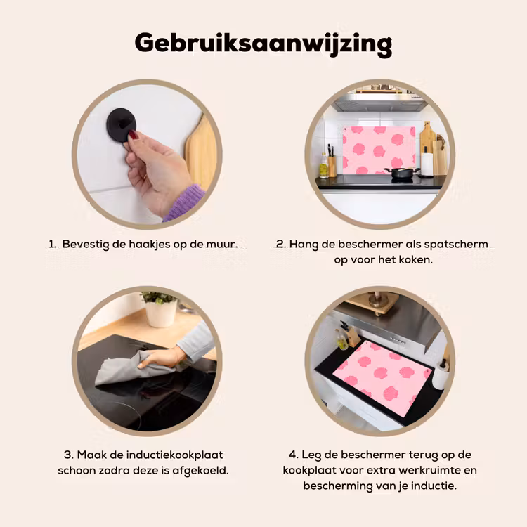 Schelp - Patroon - Zee - Modern - Roze Inductie beschemer met haakjes klein -ky-gebruik-nl