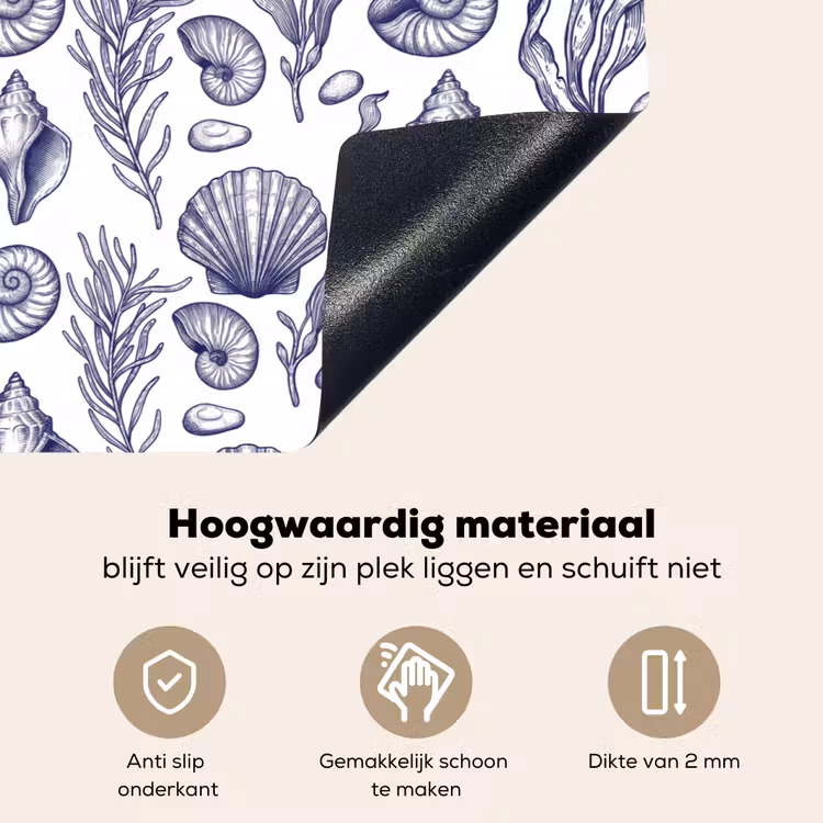 Schelpen - Zeewier - Oceaan - Illustratie - Blauw Inductie beschemer met haakjes klein -ky-onderkant-nl