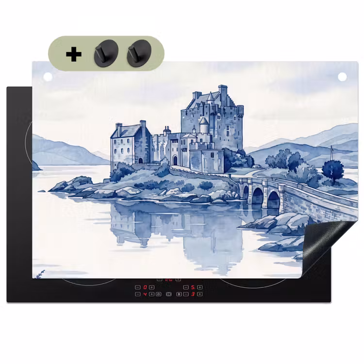 Schots - Kasteel - Blauw - Aquarel Inductie beschemer met haakjes klein -3d