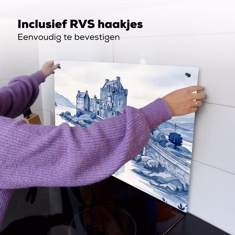Schots - Kasteel - Blauw - Aquarel Inductie beschemer met haakjes klein -ky-ophangen-nl