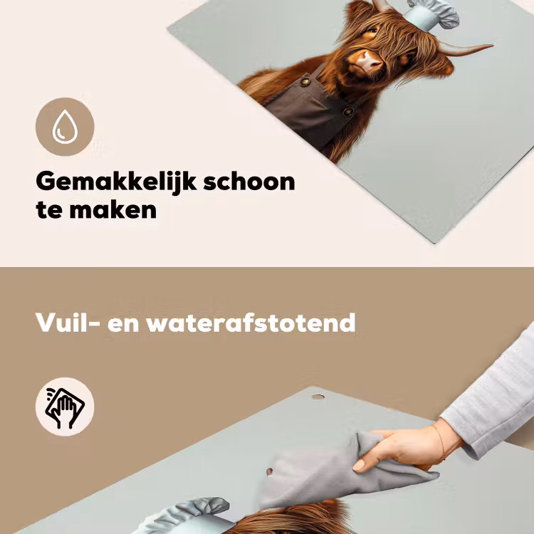 Schotse Hooglander - Bruin - Hoorns - Kokskleding Inductie beschemer met haakjes klein -ky-schoon-nl