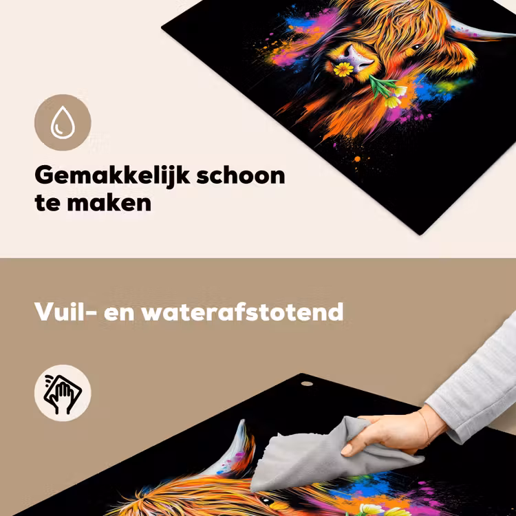 Schotse Hooglander - Graffiti - Kleurrijk - Bloem - Dieren Inductie beschemer met haakjes klein -ky-schoon-nl
