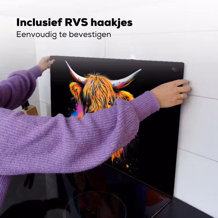 Schotse Hooglander - Graffiti - Kleurrijk - Bloem - Dieren Inductie beschemer met haakjes klein -ky-ophangen-nl