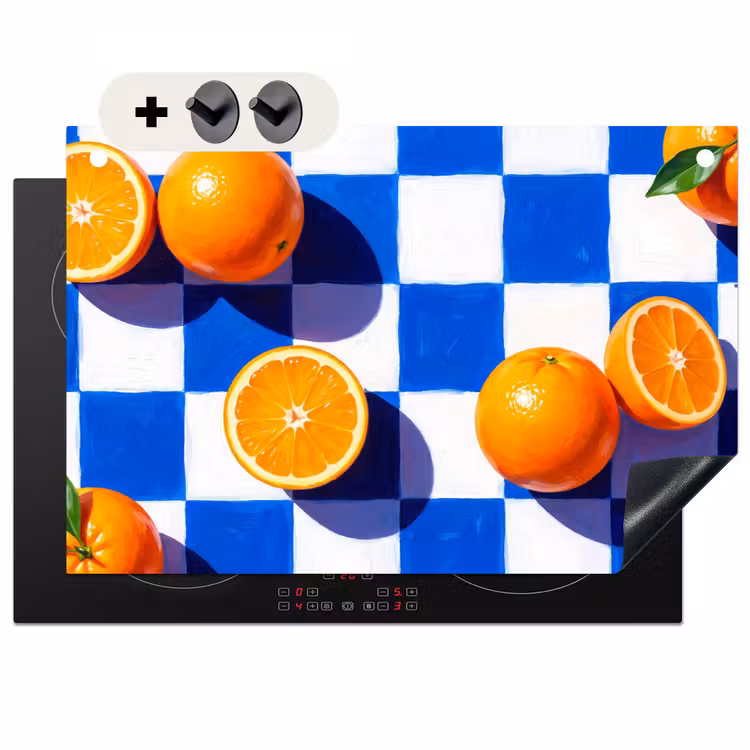 Inductiebeschermer & spatscherm (2in1) - Sinaasappel - Geruit - Eten - Sinaasappel - Geruit - Eten Inductie beschemer met haakjes klein