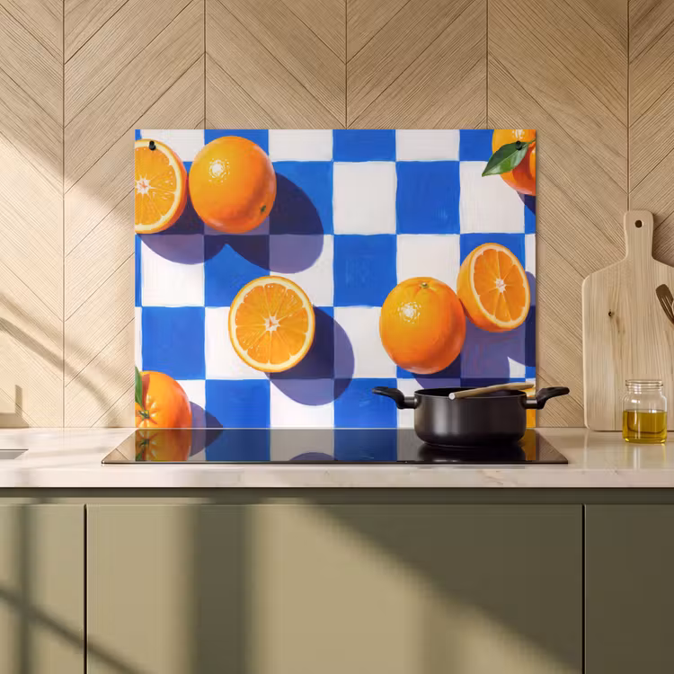 Inductiebeschermer & spatscherm (2in1) - Sinaasappel - Geruit - Eten - Sinaasappel - Geruit - Eten Inductie beschemer met haakjes klein