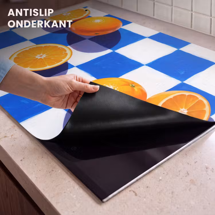 Inductiebeschermer & spatscherm (2in1) - Sinaasappel - Geruit - Eten - Sinaasappel - Geruit - Eten Inductie beschemer met haakjes klein