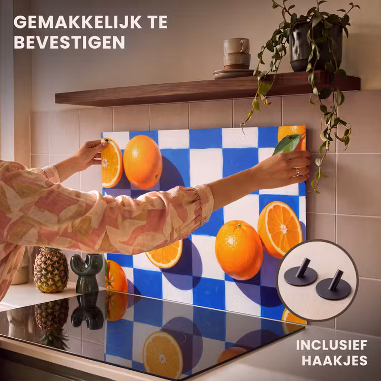 Inductiebeschermer & spatscherm (2in1) - Sinaasappel - Geruit - Eten - Sinaasappel - Geruit - Eten Inductie beschemer met haakjes klein