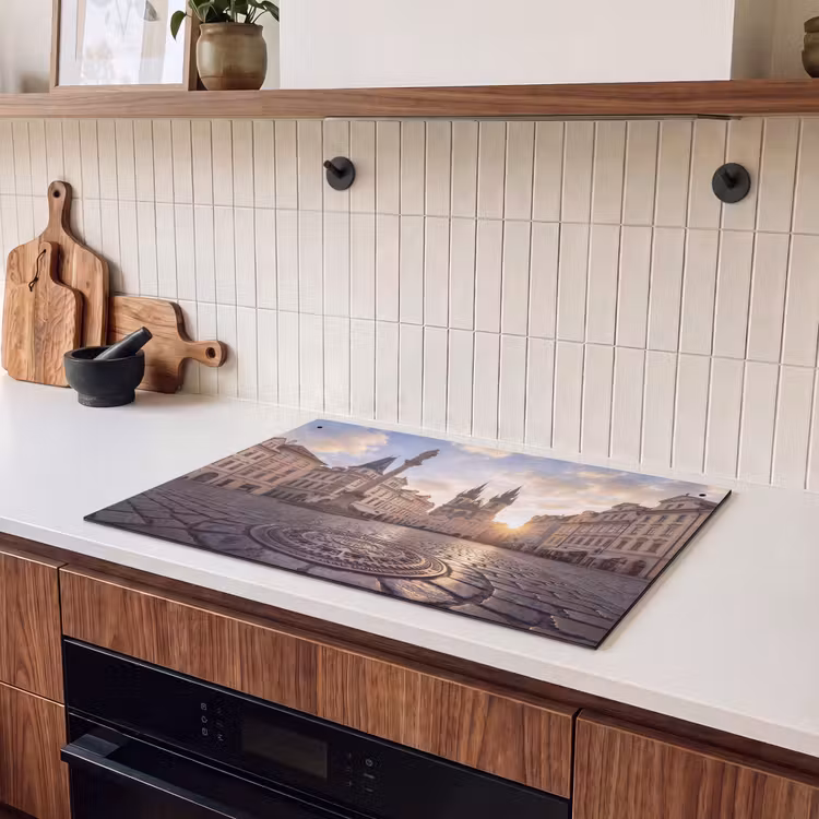Stad - Praag - Ochtend - Architectuur - Goud Inductie beschemer met haakjes klein -sfeer1
