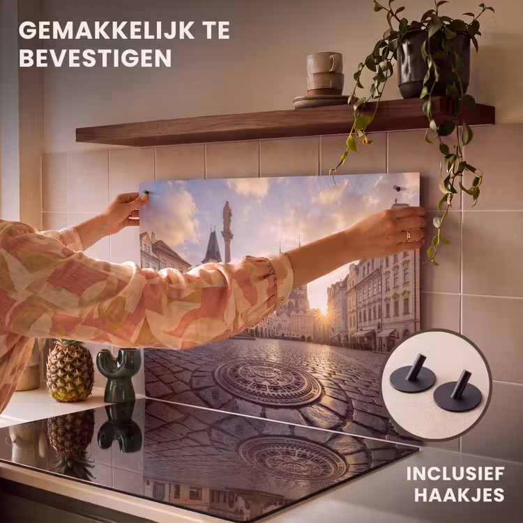 Stad - Praag - Ochtend - Architectuur - Goud Inductie beschemer met haakjes klein -ky-ophangen-nl