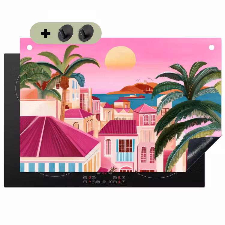 Stad - Roze - Palmbomen Inductie beschemer met haakjes klein -3d