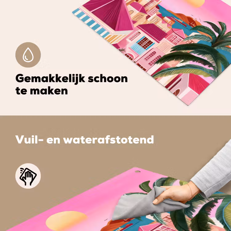 Stad - Roze - Palmbomen Inductie beschemer met haakjes klein -ky-schoon-nl