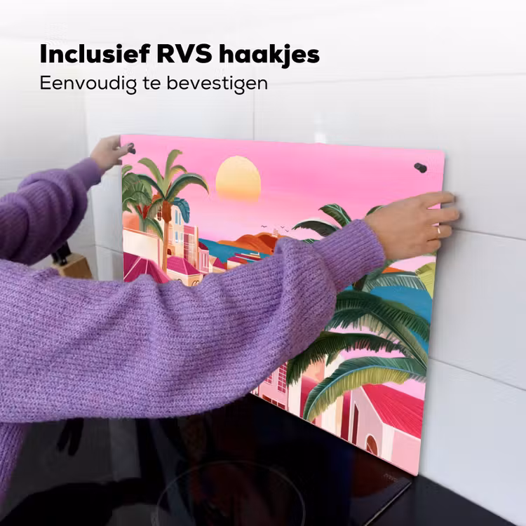 Stad - Roze - Palmbomen Inductie beschemer met haakjes klein -ky-ophangen-nl