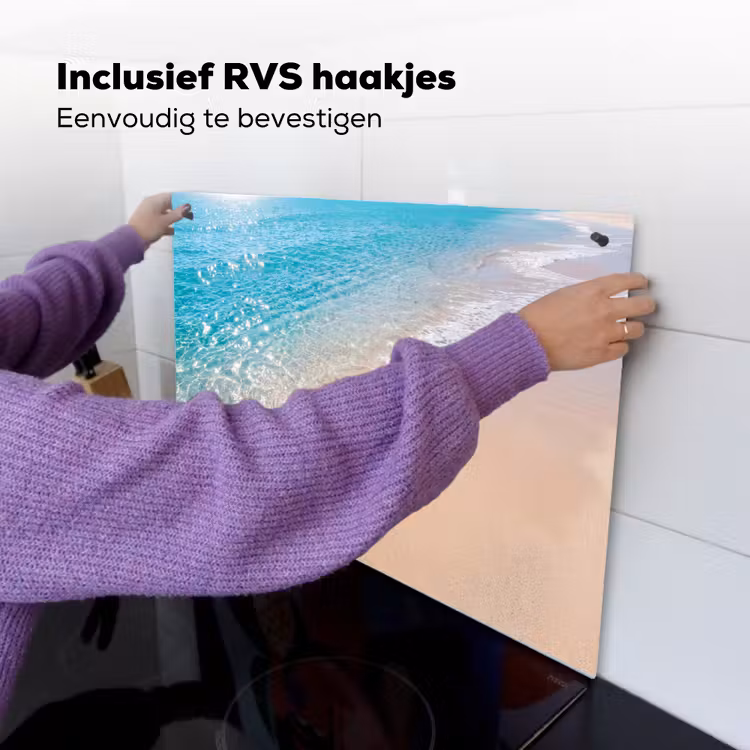 Strand - Water - Natuur - Blauw - Beige Inductie beschemer met haakjes klein -ky-ophangen-nl