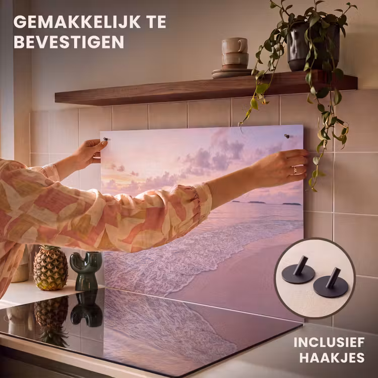 Strand - Zonsondergang - Natuur - Minimalistisch - Roze Inductie beschemer met haakjes klein -ky-ophangen-nl
