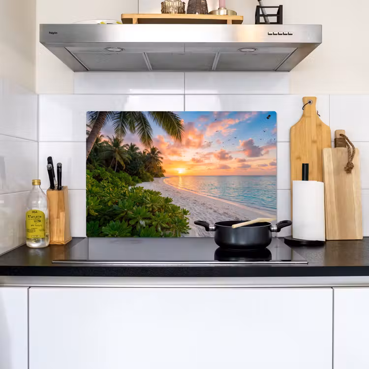 Strand - Zonsondergang - Palmbomen - Tropisch - Natuur Inductie beschemer met haakjes klein -sfeer2
