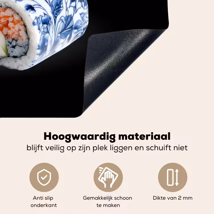 Sushi - Delfts blauw - Rijst - Vis - Elegant Inductie beschemer met haakjes klein -ky-onderkant-nl