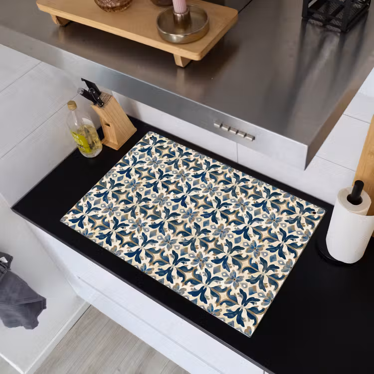 Tegel - Patroon - Blauw - Beige Inductie beschemer met haakjes klein 777 -sfeer1
