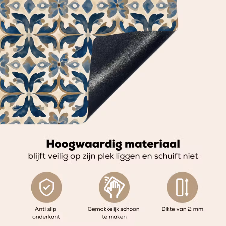 Tegel - Patroon - Blauw - Beige Inductie beschemer met haakjes klein 777 -ky-onderkant-nl