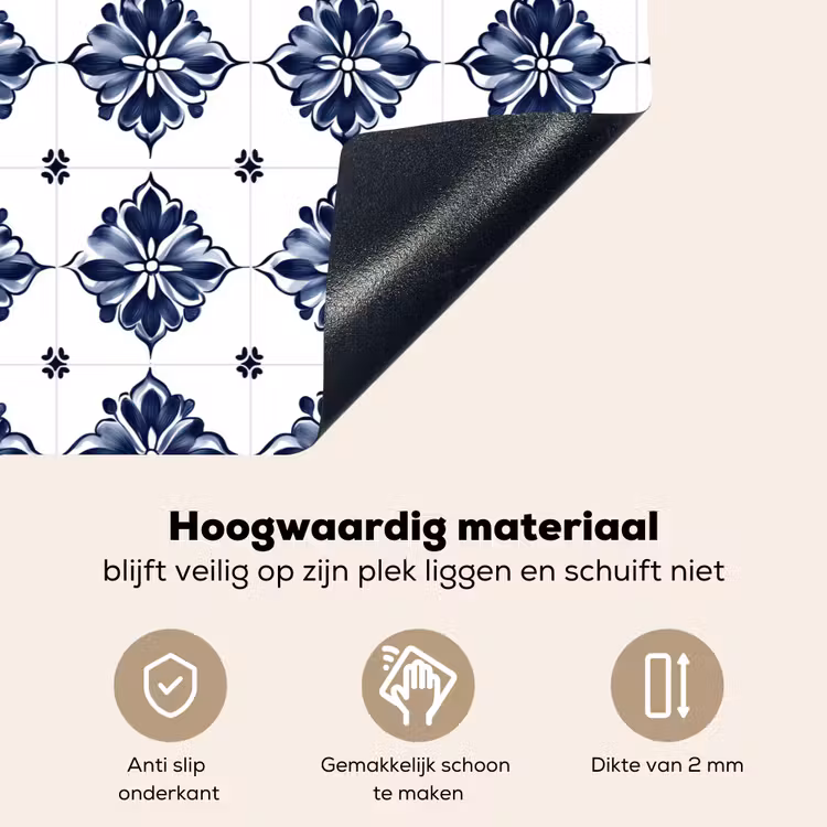 Tegelmotief - Blauw - Wit - Bloem Inductie beschemer met haakjes klein 777 -ky-onderkant-nl
