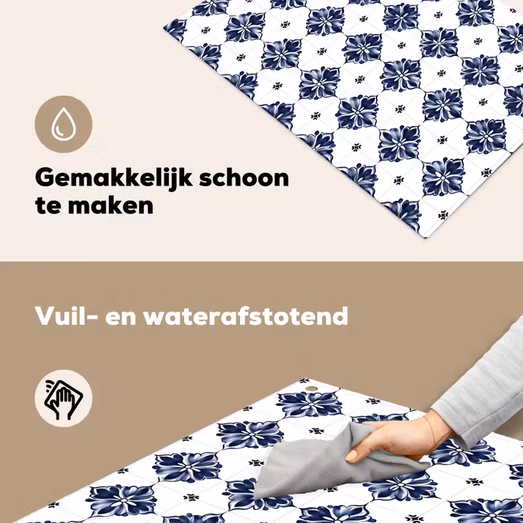 Tegelmotief - Blauw - Wit - Bloem Inductie beschemer met haakjes klein 777 -ky-schoon-nl