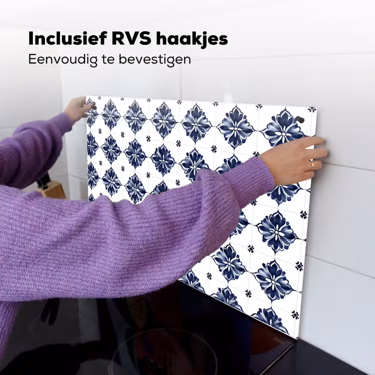 Tegelmotief - Blauw - Wit - Bloem Inductie beschemer met haakjes klein 777 -ky-ophangen-nl