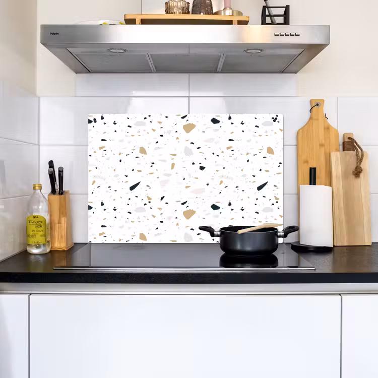Terrazzo - Patroon - Wit - Neutraal Inductie beschemer met haakjes klein 777 -sfeer2