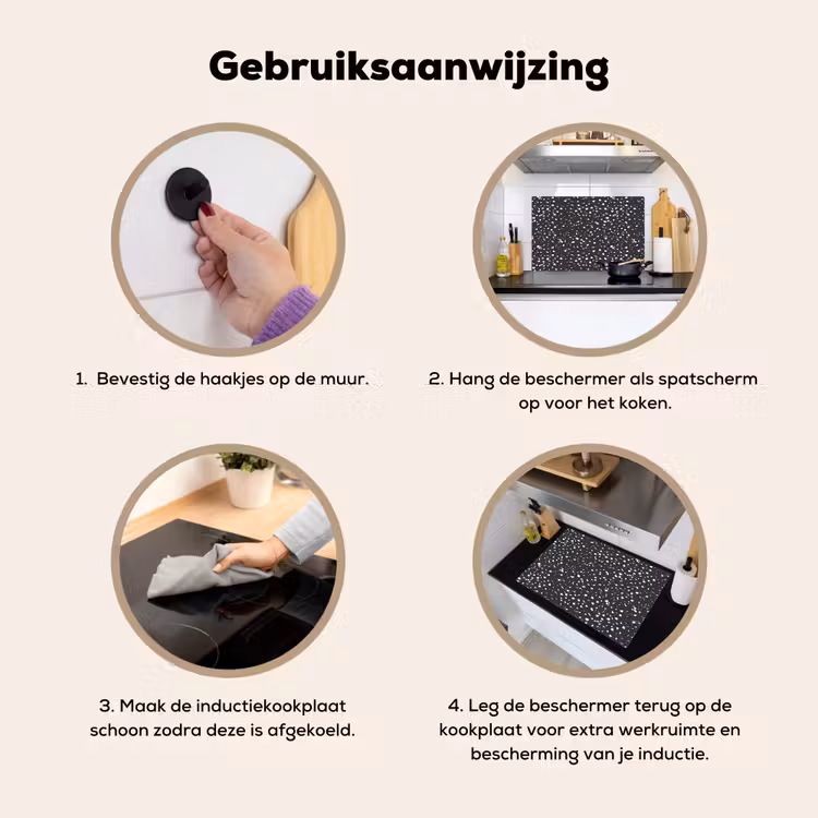 Terrazzo - Patroon - Zwart - Wit Inductie beschemer met haakjes klein 777 -ky-gebruik-nl