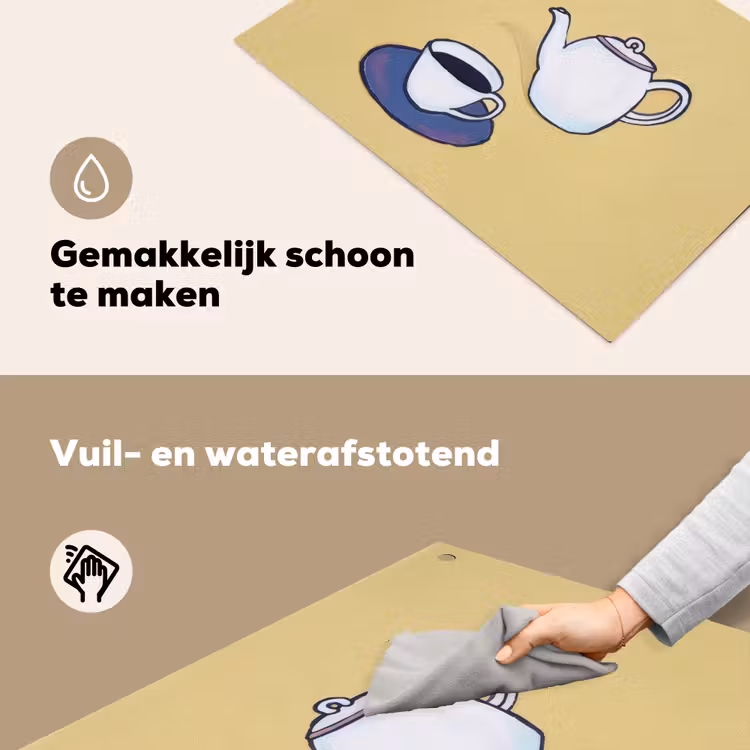 Theepot - Kopje - Beige - Illustratie Inductie beschemer met haakjes klein -ky-schoon-nl