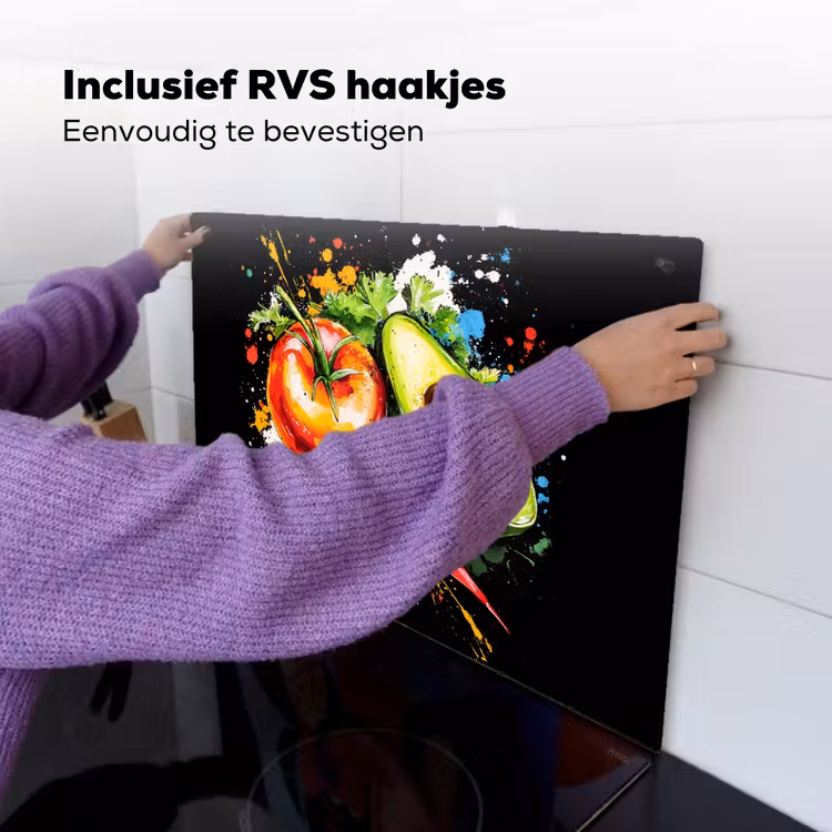 Tomaat - Avocado - Peper - Graffiti - Verf - Modern Inductie beschemer met haakjes klein -ky-ophangen-nl