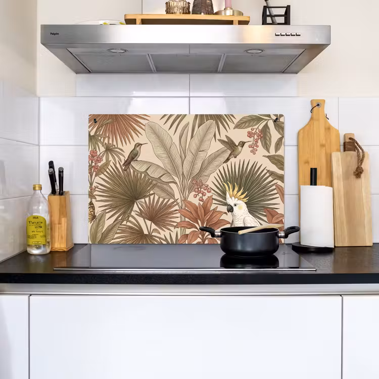 Tropisch - Vogels - Beige Inductie beschemer met haakjes klein -sfeer2