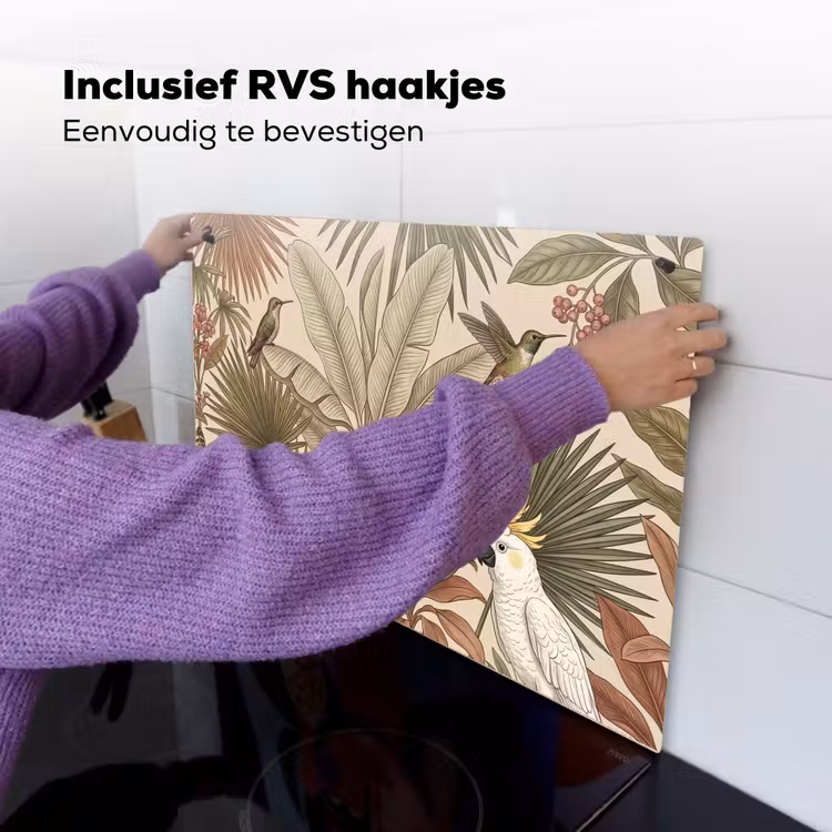 Tropisch - Vogels - Beige Inductie beschemer met haakjes klein -ky-ophangen-nl