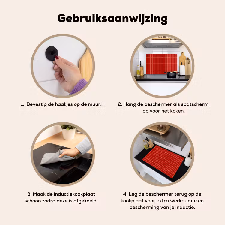 Verticaal - Wandtegel - Helderrood Inductie beschemer met haakjes klein 777 -ky-gebruik-nl