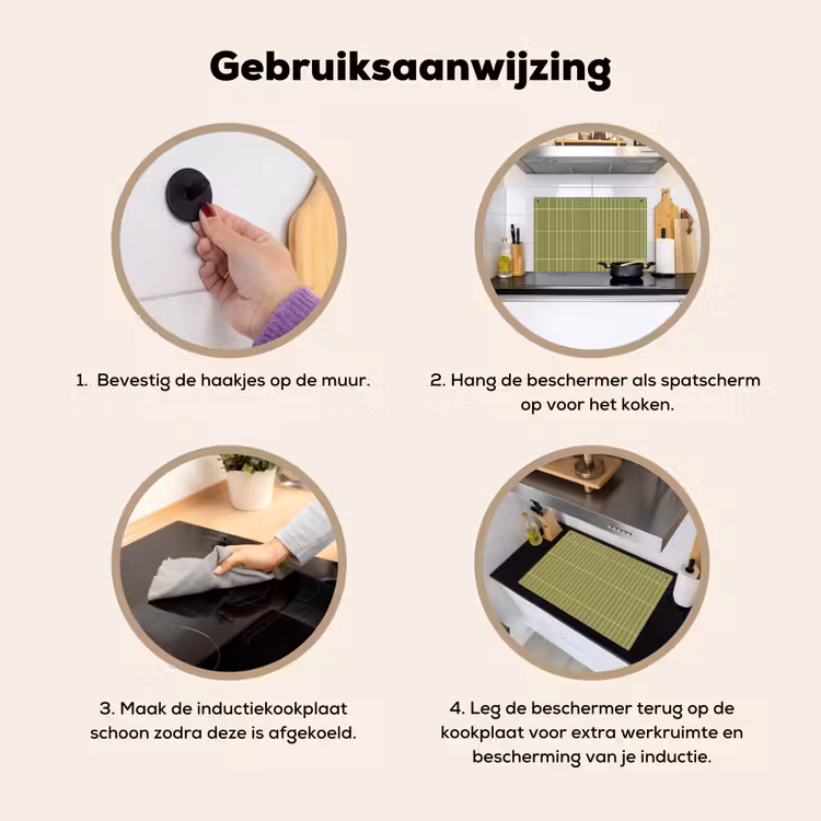 Verticaal - Wandtegel - Olijfgroen Inductie beschemer met haakjes klein 777 -ky-gebruik-nl