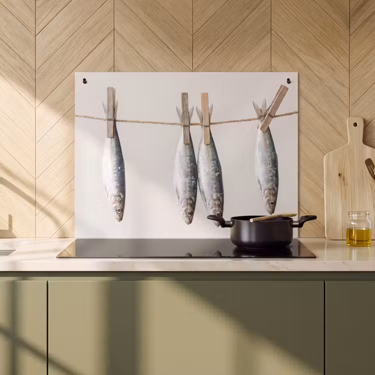 Inductiebeschermer & spatscherm (2in1) - Vis - Hangend - Eten - Vis - Hangend - Eten Inductie beschemer met haakjes klein