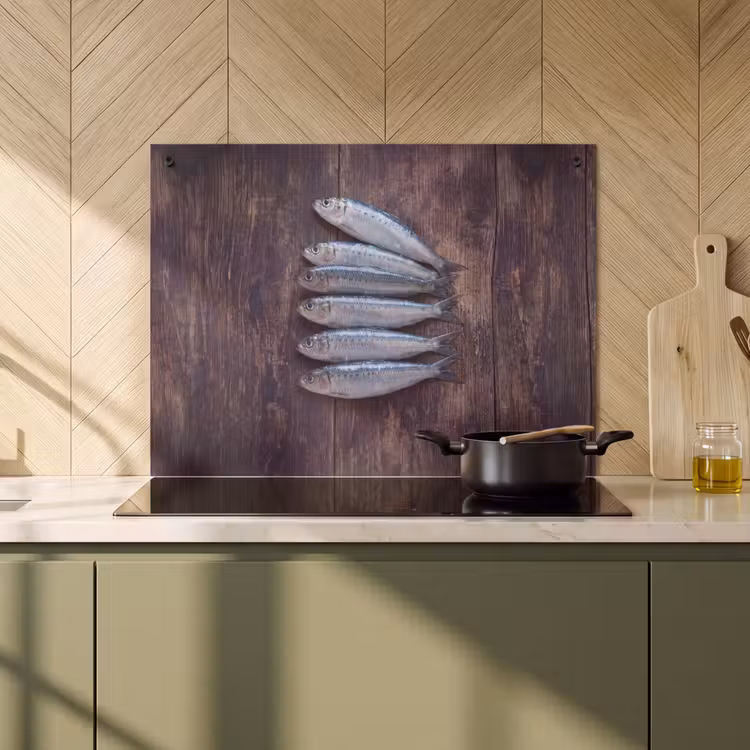 Inductiebeschermer & spatscherm (2in1) - Vis - Hout - Eten — 2