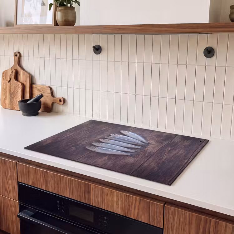 Inductiebeschermer & spatscherm (2in1) - Vis - Hout - Eten — 3