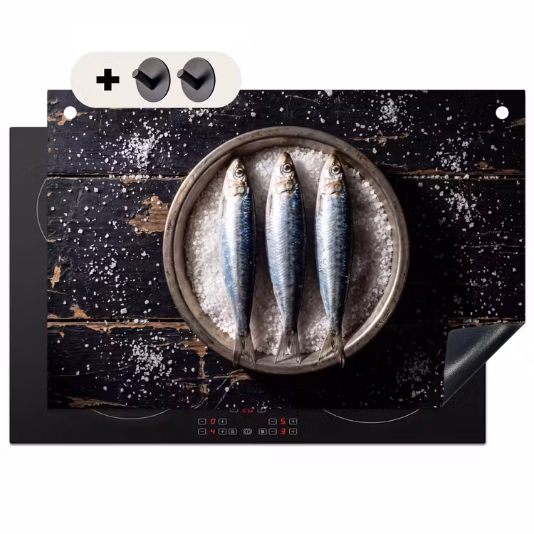 Inductiebeschermer & spatscherm (2in1) - Vis - Zout - Eten - Vis - Zout - Eten Inductie beschemer met haakjes klein