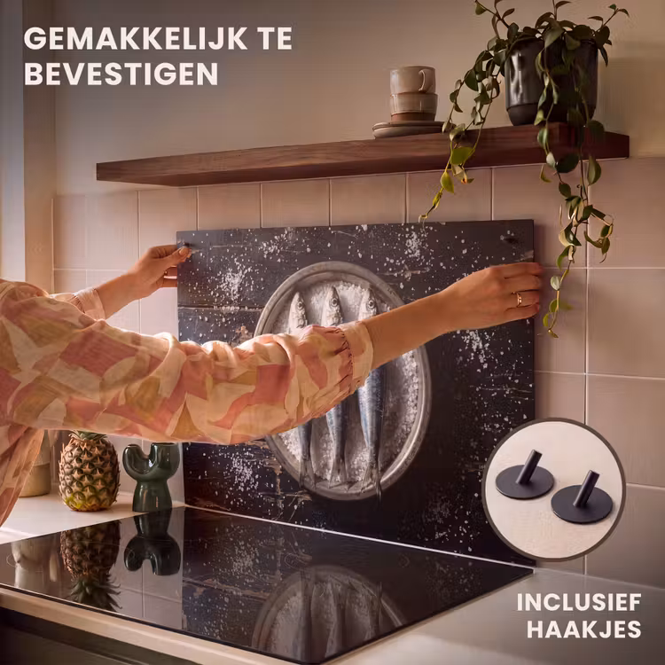 Inductiebeschermer & spatscherm (2in1) - Vis - Zout - Eten - Vis - Zout - Eten Inductie beschemer met haakjes klein