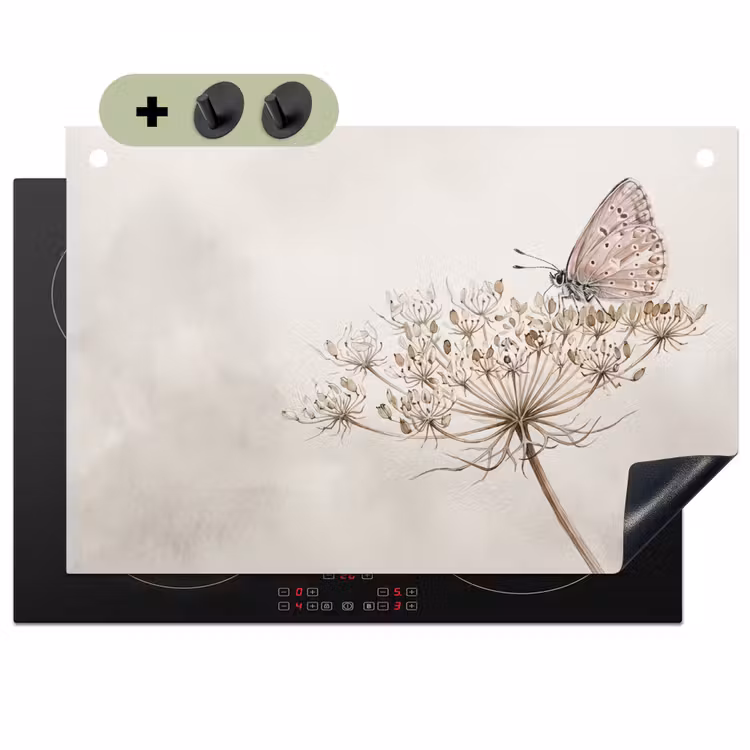 Vlinder - Bloem -Natuur - Beige Inductie beschemer met haakjes klein -3d