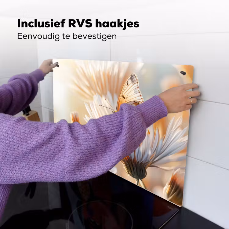 Vlinder - Bloem - Oranje Inductie beschemer met haakjes klein -ky-ophangen-nl