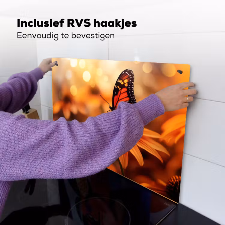 Vlinder - Bloemen - Oranje Inductie beschemer met haakjes klein -ky-ophangen-nl