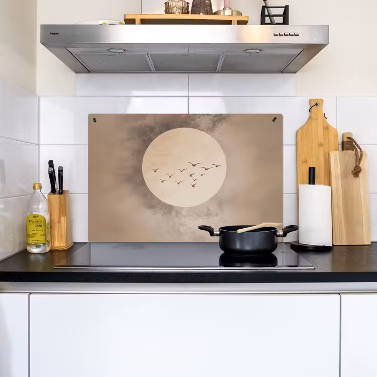 Vogel - Beige - Japandi Inductie beschemer met haakjes klein -sfeer2