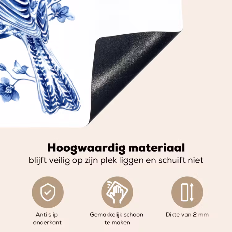 Vogel - Delfts blauw - Illustratie - Bloemen Inductie beschemer met haakjes klein -ky-onderkant-nl